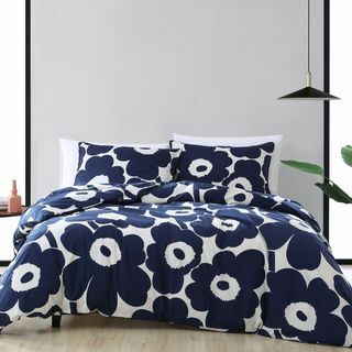 Marimekko Unikko Prevleka za odejo & Set Sham v indigo modri barvi