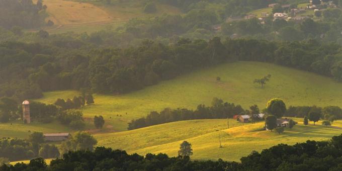 meglen sončni vzhod nad valovitimi zelenimi griči Middlesbora, Kentucky