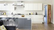 Uglajena bela in siva kuhinja, kjer je prostor prednost