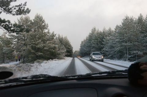 Avto vozi po cesti, prekriti s snegom med drevesi