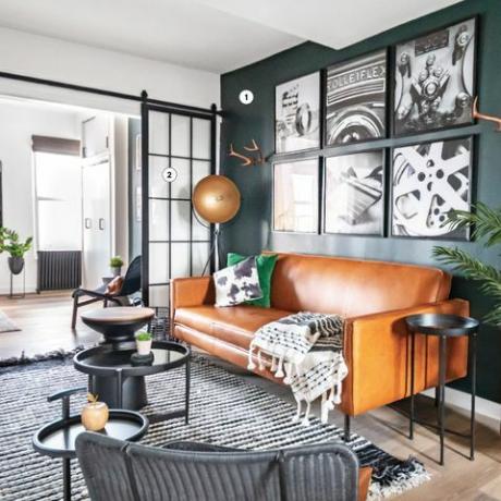 zelena dnevna soba z oranžnim usnjenim kavčem