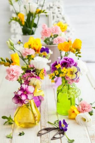 Čudovito sveže cvetje v steklenicah na leseni mizi