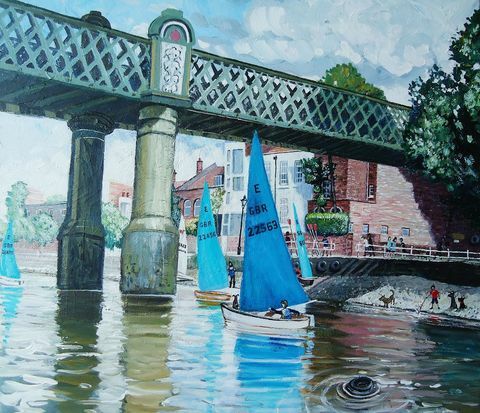 Jadralni klub na reki, Putney avtor Nick Holly. Akril na platnu, 50 x 76cm. 3500 funtov v galeriji Russell na ugodnem umetniškem sejmu Battersea