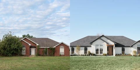 pred in po zunanjosti doma, od takrat, ko je bil rdeča opeka in pokrita z drevesi, do končnega videza bele opeke z odstranjenim urejanjem krajine