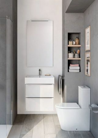 Inspira stenska osnovna enota belega sijaja, kvadratni zidni umivalnik Inspira, okrogel WC s hrbtnim stenom